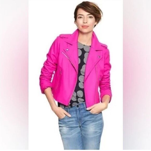 RARE gap hot pink fuscia womens wool moto jacket XL.   Q - Picture 1 of 9